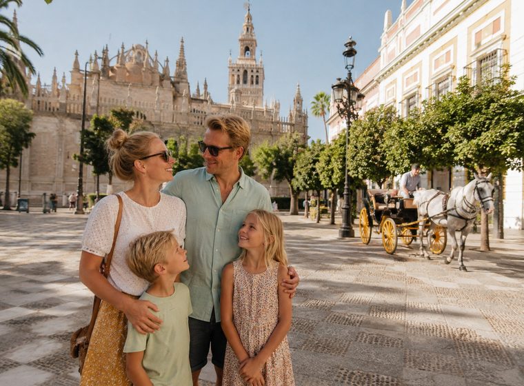 Gezin op een plein in Sevilla