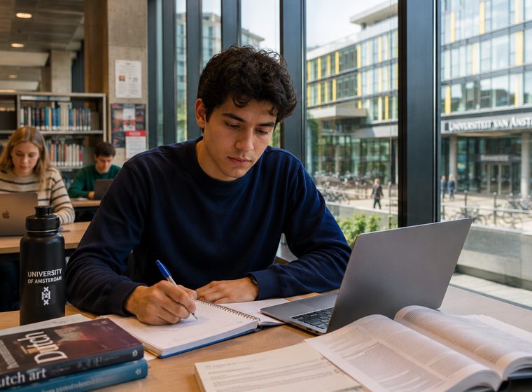 Student aan het werk in een universiteitsbibliotheek