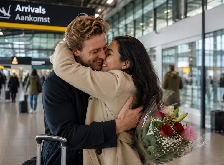 Weerzien in de aankomsthal van een luchthaven