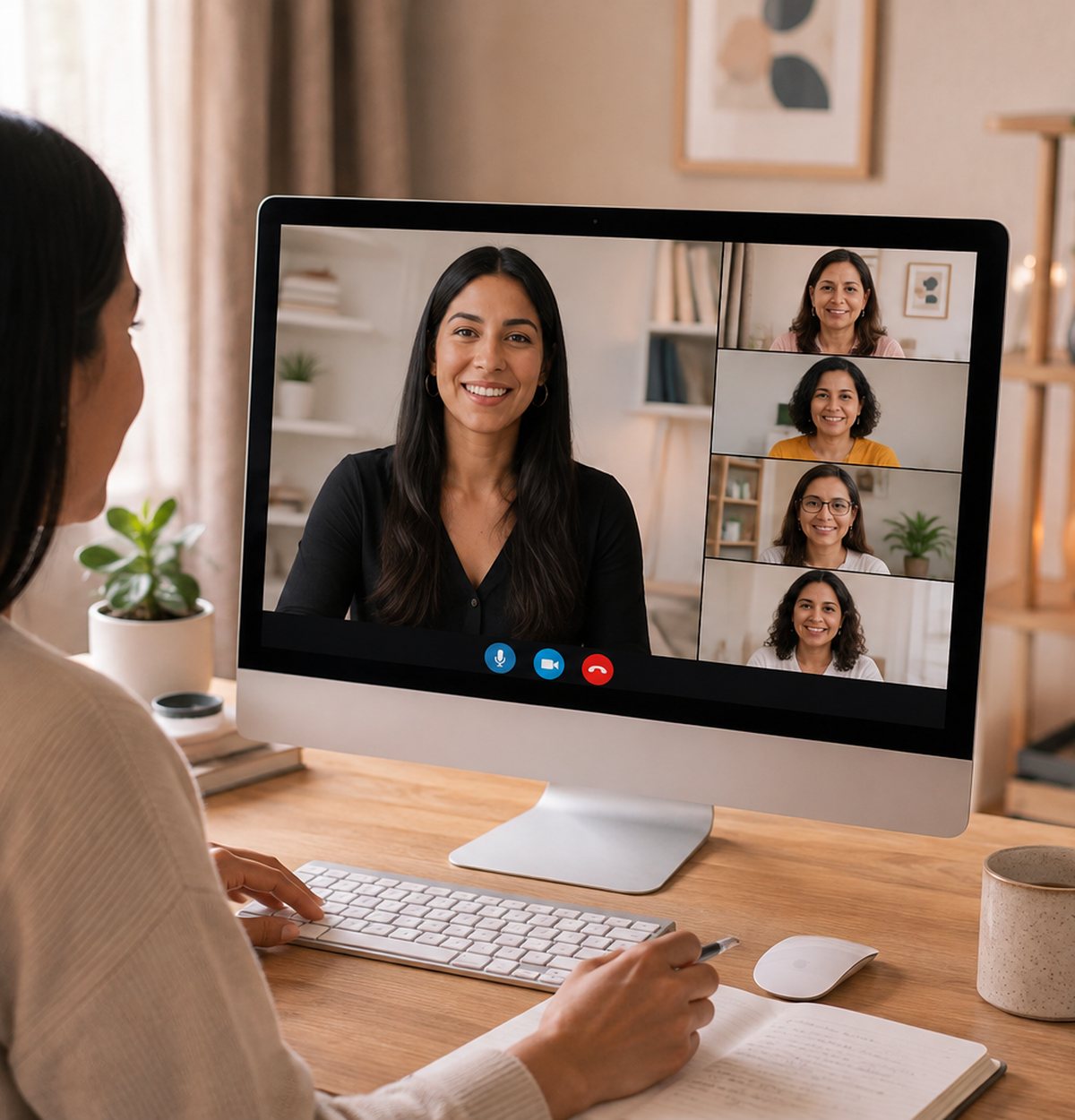 Iemand volgt een online les in een videogesprek met een kleine groep